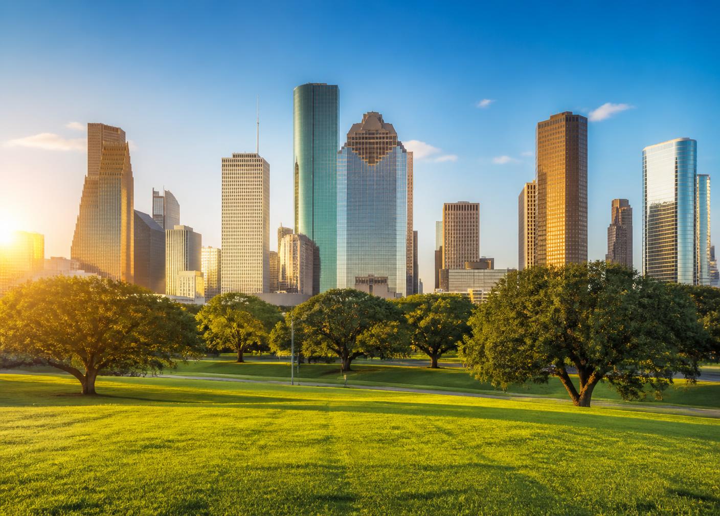 Texas Medical Center towers and Houston rooftops at golden hour