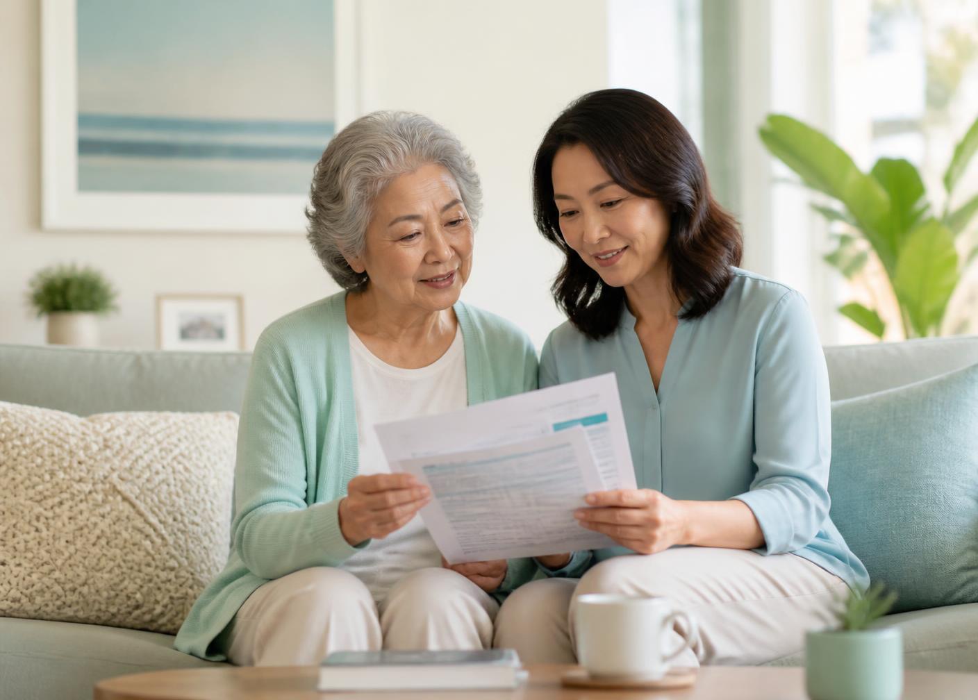 Houston retiree going over Medicare Advantage paperwork with her daughter